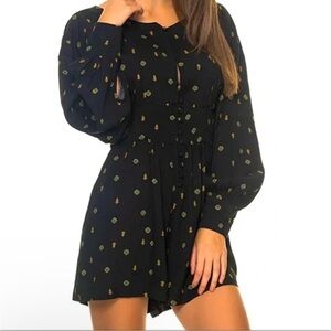 C26 Free people‎ black boho chic long sleeve shorts romper button down retro